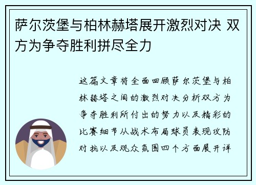 萨尔茨堡与柏林赫塔展开激烈对决 双方为争夺胜利拼尽全力