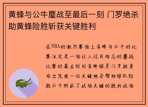 黄蜂与公牛鏖战至最后一刻 门罗绝杀助黄蜂险胜斩获关键胜利